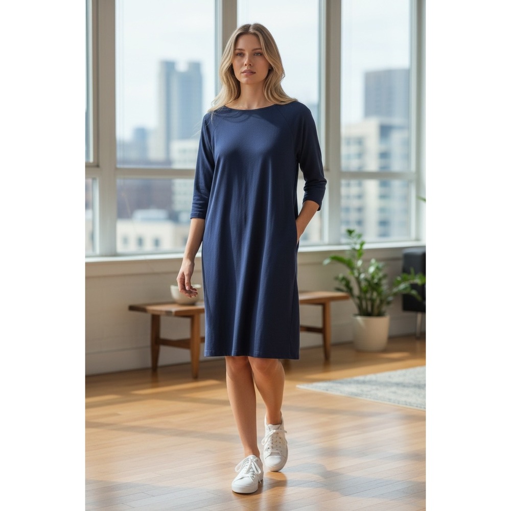 Lilly Pulitzer Navy Blue 100% Pima Cotton Boat Neck 3/4 Sleeve Dress Medium